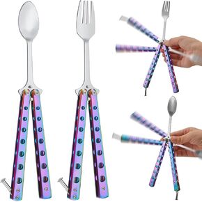 Flutesan 2 Pcs Butterfly Fork and Spoon Set, Tactical Butterfly Spoon Folding Stainless Steel Butterfly Fork for Travel Camping Hunting BBQ Kitchen (Colorful) in Kuwait