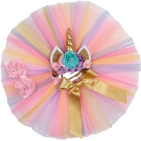 Nishine Toddler Baby Girls Layered Tutu Skirt Dress with Glitter Unicorn Horn Headband Outfit for Birthday Party