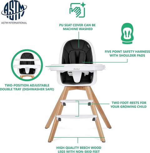Evolur Zoodle 2-in-1 High Chair for Baby & Toddler – Convertible High Chair to Toddler Chair, Padded Seat, 5-Point Safety Harness, Dual Dishwasher-Safe Trays, Solid Beechwood Legs – Pink in Kuwait