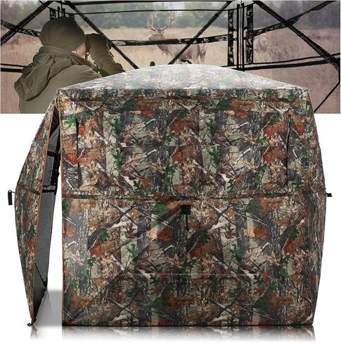 HUNTSEN Hunting Blind 360 Degree See Through Ground Blind 2-3 Person - Portable Pop Up Deer Blind with Full Open Door - Camouflage Ground Blind for Deer & Turkey Hunting in Saudi Arabia