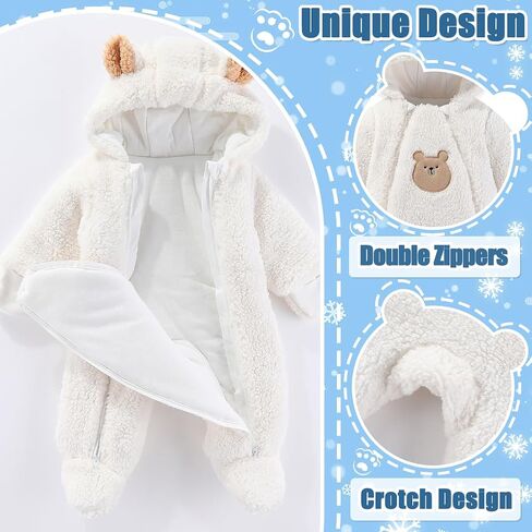 Fairy Baby Newborn Baby Winter Snowsuit Bear Thick Romper Footie Double Zip Hooded Jumpsuit Fleece Coat Infant Boy Girl 0-12M in Saudi Arabia
