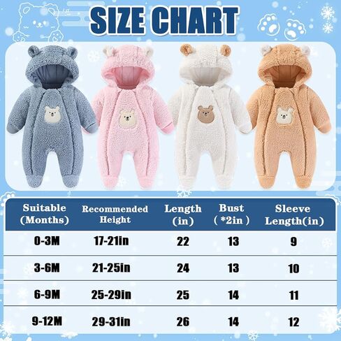 Fairy Baby Newborn Baby Winter Snowsuit Bear Thick Romper Footie Double Zip Hooded Jumpsuit Fleece Coat Infant Boy Girl 0-12M in Saudi Arabia
