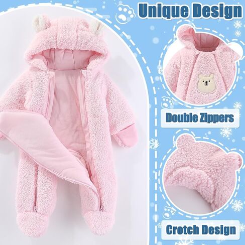 Fairy Baby Newborn Baby Winter Snowsuit Bear Thick Romper Footie Double Zip Hooded Jumpsuit Fleece Coat Infant Boy Girl 0-12M in Saudi Arabia