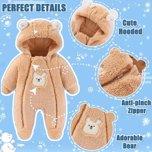 Fairy Baby Newborn Baby Winter Snowsuit Bear Thick Romper Footie Double Zip Hooded Jumpsuit Fleece Coat Infant Boy Girl 0-12M in Kuwait