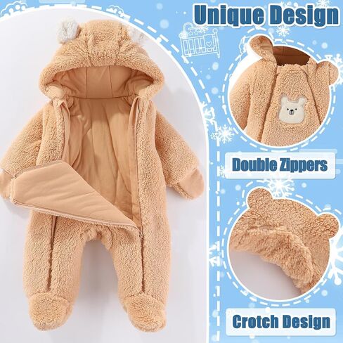 Fairy Baby Newborn Baby Winter Snowsuit Bear Thick Romper Footie Double Zip Hooded Jumpsuit Fleece Coat Infant Boy Girl 0-12M in Kuwait