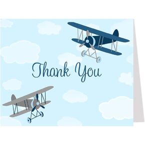 Airplane Thank You Cards Baby Shower Birthday Kids Up Up and Away Vintage Boy Boys Retro Red Blue Folded Thank You Notes (50 Count) in Kuwait