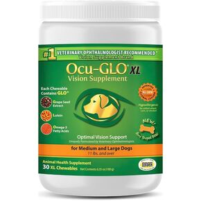 Ocu-GLO Cat & Dog Senior Supplement for Eye Support - Chewable Vision Vitamins Supplements for Large and Small Pets Care with Lutein, Omega-3 Fatty Acids, Grape Seed Extract & Antioxidants