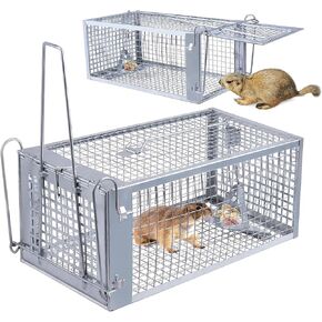 Moclever Humane Rat Trap ثنائي الباب مصيدة الفئران قفص إنساني لايف القوارض الكثيفة شبكة فخ قفص الزنك الكهربائي الفئران التحكم في الطعم الصيد ث / 2 قضيب على شكل حرف U قابل للفصل، 16.53 × 6.1 × 4.33 بوصة