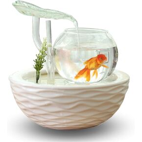 crapelles Transparent Glass Leaves Waterfall Fish Tank with Colorful Shine,Ceramic bolw,Tabletop Indoor Fountain Small Aquarium House Office Decor, Wedding Gift Idea Modern European Style in Kuwait