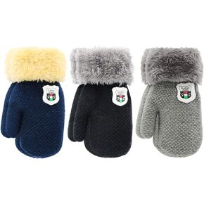 ORVINNER 3 Pairs Baby Boys Girls Winter Sherpa Lined Mittens Toddler Kids Warm Knit Gloves with String