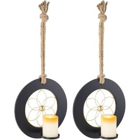 حامل شموع حائطي من AimtoHome مصنوع من المعدن والخشب للتعليق على الحائط، حامل شموع للديكور المنزلي، حبل من القنب، حامل شموع للديكور على الحائط، مجموعة من 2 in Kuwait