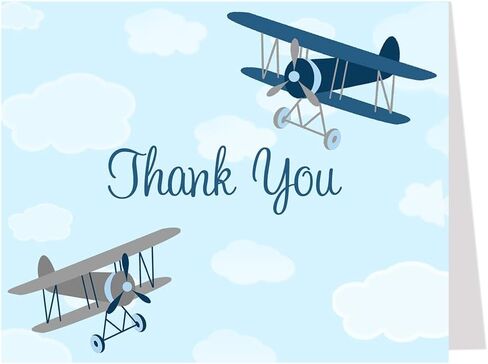 Airplane Thank You Cards Baby Shower Birthday Kids Up Up and Away Vintage Boy Boys Retro Red Blue Folded Thank You Notes (50 Count) in Kuwait