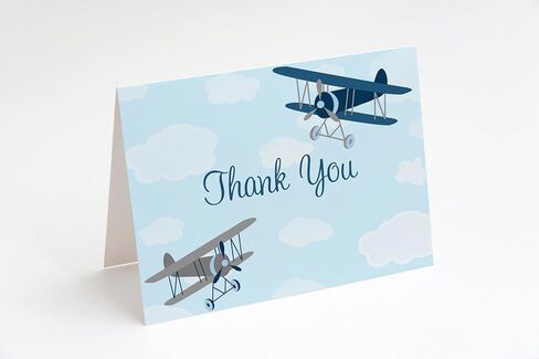 Airplane Thank You Cards Baby Shower Birthday Kids Up Up and Away Vintage Boy Boys Retro Red Blue Folded Thank You Notes (50 Count) in Kuwait