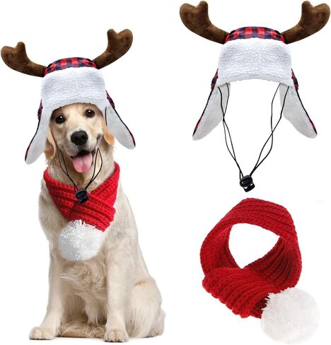 Christmas Antler Check Dog Santa Hat and Xmas Pet Red Knit Scarf with White Pompom Ball - Winter Neck Warmer and Festive Party Dress-up for Pets (Medium) in Saudi Arabia