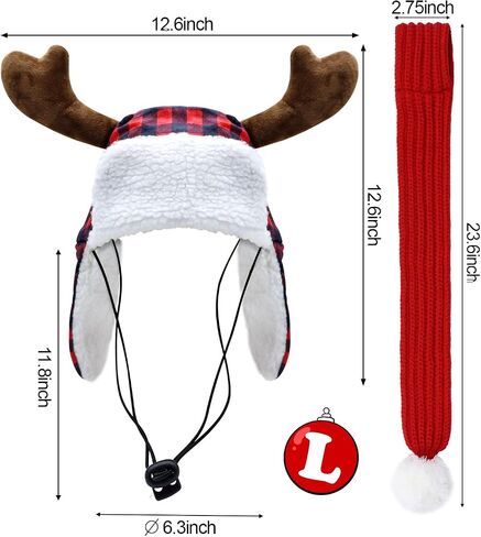 Christmas Antler Check Dog Santa Hat and Xmas Pet Red Knit Scarf with White Pompom Ball - Winter Neck Warmer and Festive Party Dress-up for Pets (Medium) in Saudi Arabia