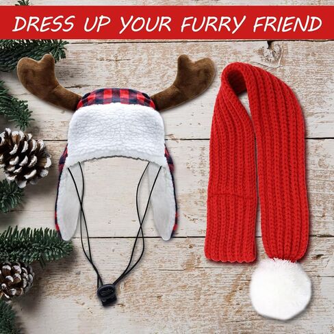 Christmas Antler Check Dog Santa Hat and Xmas Pet Red Knit Scarf with White Pompom Ball - Winter Neck Warmer and Festive Party Dress-up for Pets (Medium) in Saudi Arabia
