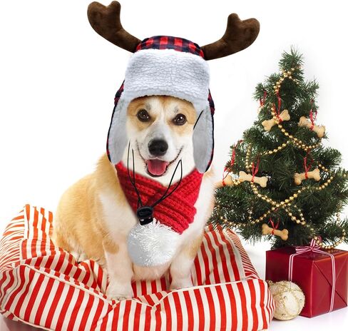 Christmas Antler Check Dog Santa Hat and Xmas Pet Red Knit Scarf with White Pompom Ball - Winter Neck Warmer and Festive Party Dress-up for Pets (Medium) in Saudi Arabia