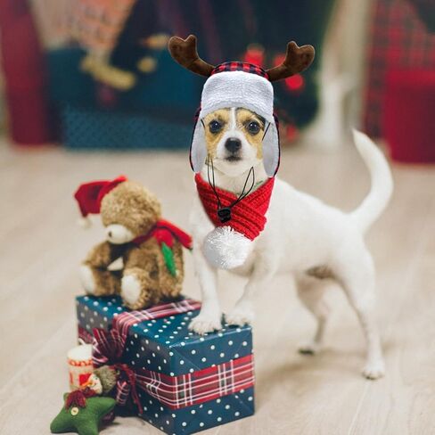 Christmas Antler Check Dog Santa Hat and Xmas Pet Red Knit Scarf with White Pompom Ball - Winter Neck Warmer and Festive Party Dress-up for Pets (Medium) in Saudi Arabia