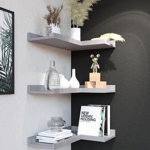 أرفف عائمة من 3 طبقات من Boswillon مع شفة واقية، أرفف زاوية بيضاء حديثة مثبتة على الحائط، أرفف حافة زاوية لديكور الحائط، أرفف بيضاء لغرفة المعيشة وغرفة النوم والحمام - أبيض in Kuwait