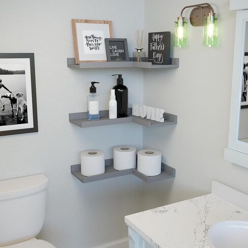 أرفف عائمة من 3 طبقات من Boswillon مع شفة واقية، أرفف زاوية بيضاء حديثة مثبتة على الحائط، أرفف حافة زاوية لديكور الحائط، أرفف بيضاء لغرفة المعيشة وغرفة النوم والحمام - أبيض in Kuwait