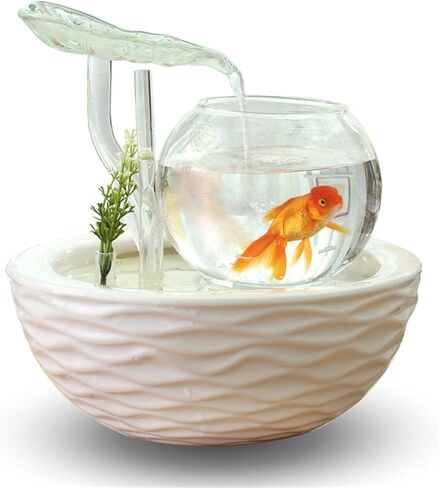 crapelles Transparent Glass Leaves Waterfall Fish Tank with Colorful Shine,Ceramic bolw,Tabletop Indoor Fountain Small Aquarium House Office Decor, Wedding Gift Idea Modern European Style in Kuwait