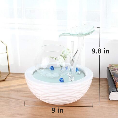 crapelles Transparent Glass Leaves Waterfall Fish Tank with Colorful Shine,Ceramic bolw,Tabletop Indoor Fountain Small Aquarium House Office Decor, Wedding Gift Idea Modern European Style in Kuwait
