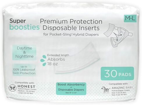 حشوات حفاضات للاستعمال مرة واحدة من Super Boosties، أثناء النهار والليل، تناسب غطاء الحفاضات الهجين الصادق، تناسب الحفاضات الذكية الرائعة للأطفال، وسادة معززة للحفاضات للاستعمال مرة واحدة، 30 قطعة، مقاس متوسط/كبير، 4.3 × 13 بوصة in Kuwait
