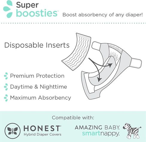 حشوات حفاضات للاستعمال مرة واحدة من Super Boosties، أثناء النهار والليل، تناسب غطاء الحفاضات الهجين الصادق، تناسب الحفاضات الذكية الرائعة للأطفال، وسادة معززة للحفاضات للاستعمال مرة واحدة، 30 قطعة، مقاس متوسط/كبير، 4.3 × 13 بوصة in Kuwait