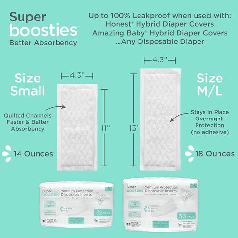 حشوات حفاضات للاستعمال مرة واحدة من Super Boosties، أثناء النهار والليل، تناسب غطاء الحفاضات الهجين الصادق، تناسب الحفاضات الذكية الرائعة للأطفال، وسادة معززة للحفاضات للاستعمال مرة واحدة، 30 قطعة، مقاس متوسط/كبير، 4.3 × 13 بوصة in Kuwait