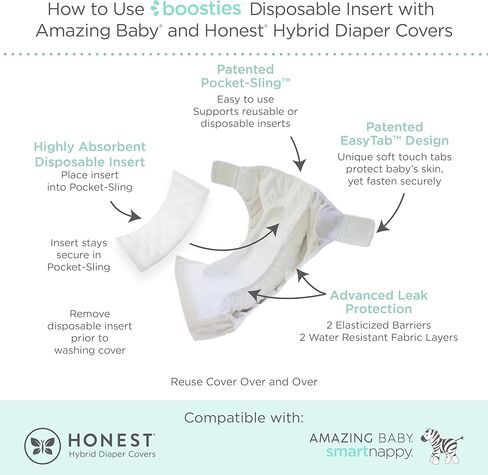 حشوات حفاضات للاستعمال مرة واحدة من Super Boosties، أثناء النهار والليل، تناسب غطاء الحفاضات الهجين الصادق، تناسب الحفاضات الذكية الرائعة للأطفال، وسادة معززة للحفاضات للاستعمال مرة واحدة، 30 قطعة، مقاس متوسط/كبير، 4.3 × 13 بوصة in Kuwait