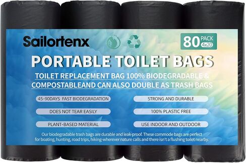 أكياس تواليت للتخييم المحمولة Sailortenx 80/60/20 قابلة للتحلل بنسبة 100% للاستخدام مع 8 جالون مع مرحاض دلو سعة 5 جالون، وأكياس نفايات مرحاض التخييم، وأكياس أنبوب قابلة للتحلل البيولوجي للاستعمال مرة واحدة للتخييم في الهواء الطلق in Kuwait