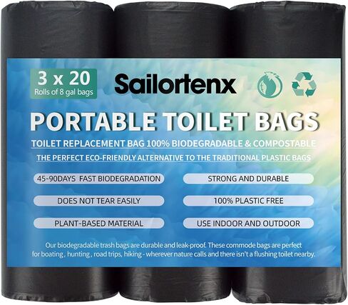 أكياس تواليت للتخييم المحمولة Sailortenx 80/60/20 قابلة للتحلل بنسبة 100% للاستخدام مع 8 جالون مع مرحاض دلو سعة 5 جالون، وأكياس نفايات مرحاض التخييم، وأكياس أنبوب قابلة للتحلل البيولوجي للاستعمال مرة واحدة للتخييم في الهواء الطلق in Kuwait
