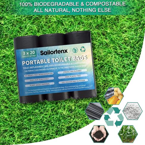 أكياس تواليت للتخييم المحمولة Sailortenx 80/60/20 قابلة للتحلل بنسبة 100% للاستخدام مع 8 جالون مع مرحاض دلو سعة 5 جالون، وأكياس نفايات مرحاض التخييم، وأكياس أنبوب قابلة للتحلل البيولوجي للاستعمال مرة واحدة للتخييم في الهواء الطلق in Kuwait