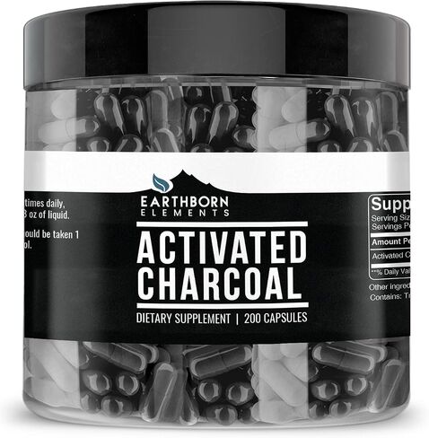 Activated Charcoal Capsules, 200 Capsules (525 MG per Serving) (33-Day Supply) by Earthborn Elements, Odorless & Non-Toxic Powder for Detox Cleanses in Saudi Arabia