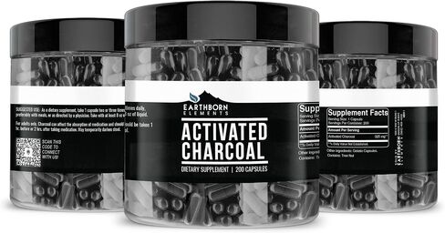 Activated Charcoal Capsules, 200 Capsules (525 MG per Serving) (33-Day Supply) by Earthborn Elements, Odorless & Non-Toxic Powder for Detox Cleanses in Saudi Arabia