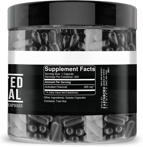 Activated Charcoal Capsules, 200 Capsules (525 MG per Serving) (33-Day Supply) by Earthborn Elements, Odorless & Non-Toxic Powder for Detox Cleanses in Saudi Arabia