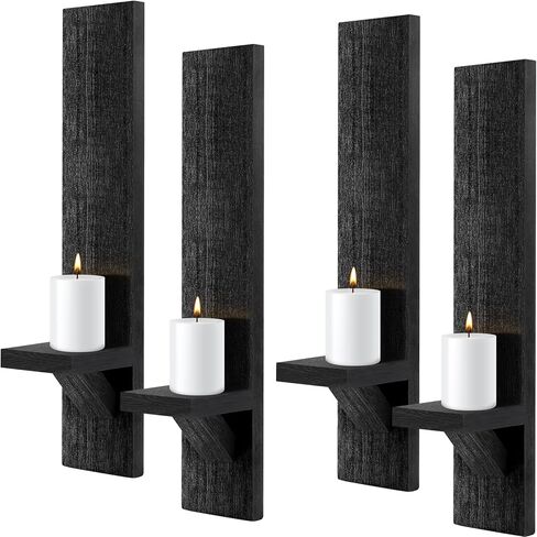 Potchen Set of 4 Wall Sconces Candle Holder Mount Decorative Wood Holders Black Decor Rustic Hanging Shelf Living Room Decoration for Farmhouse Bathroom Bedroom Vase in Saudi Arabia