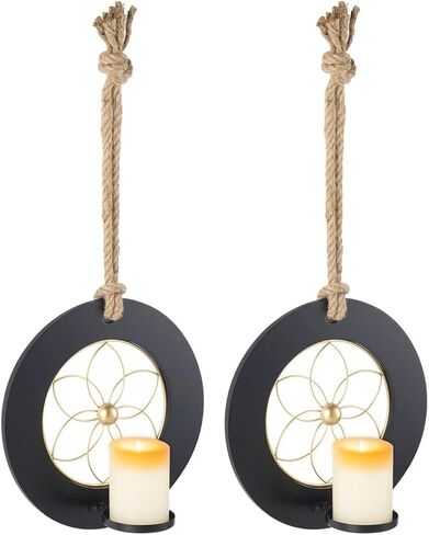 حامل شموع حائطي من AimtoHome مصنوع من المعدن والخشب للتعليق على الحائط، حامل شموع للديكور المنزلي، حبل من القنب، حامل شموع للديكور على الحائط، مجموعة من 2 in Kuwait