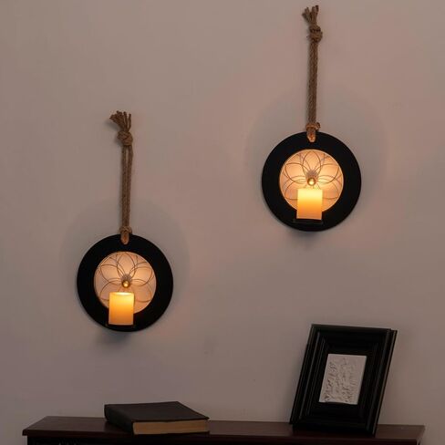 حامل شموع حائطي من AimtoHome مصنوع من المعدن والخشب للتعليق على الحائط، حامل شموع للديكور المنزلي، حبل من القنب، حامل شموع للديكور على الحائط، مجموعة من 2 in Kuwait