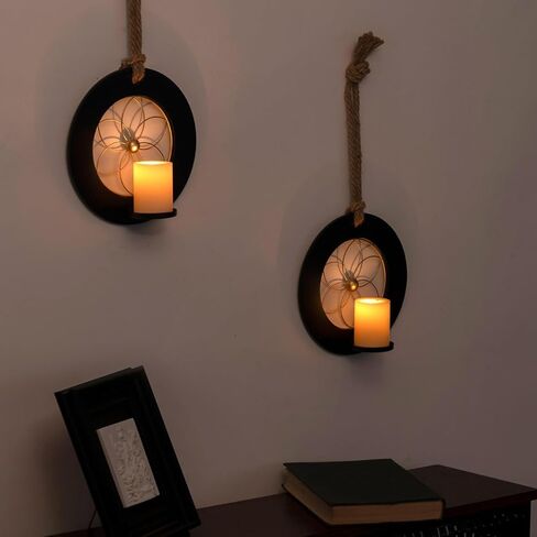 حامل شموع حائطي من AimtoHome مصنوع من المعدن والخشب للتعليق على الحائط، حامل شموع للديكور المنزلي، حبل من القنب، حامل شموع للديكور على الحائط، مجموعة من 2 in Kuwait