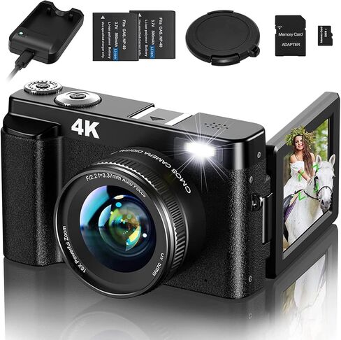 Aufoya 4K Digital Camera, 48MP Video Camera with Auto Focus, Camcorder with 32GB Memory Card, 180° Foldable Screen, 16X Digital Zoom Vlogging Camera for Youtube C in Kuwait