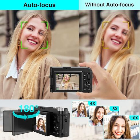 Aufoya 4K Digital Camera, 48MP Video Camera with Auto Focus, Camcorder with 32GB Memory Card, 180° Foldable Screen, 16X Digital Zoom Vlogging Camera for Youtube C in Kuwait