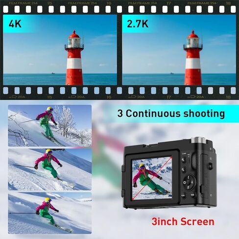 Aufoya 4K Digital Camera, 48MP Video Camera with Auto Focus, Camcorder with 32GB Memory Card, 180° Foldable Screen, 16X Digital Zoom Vlogging Camera for Youtube C in Kuwait