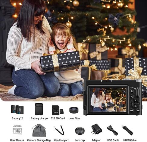 Aufoya 4K Digital Camera, 48MP Video Camera with Auto Focus, Camcorder with 32GB Memory Card, 180° Foldable Screen, 16X Digital Zoom Vlogging Camera for Youtube C in Kuwait