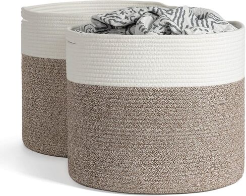 Goodpick 2pack Large Woven Blanket Storage Baskets Round Laundry Basket Toy Organizier Clothes Hamper Shoe Storage Bins Brown in Kuwait