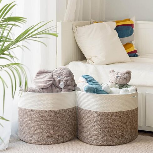 Goodpick 2pack Large Woven Blanket Storage Baskets Round Laundry Basket Toy Organizier Clothes Hamper Shoe Storage Bins Brown in Kuwait