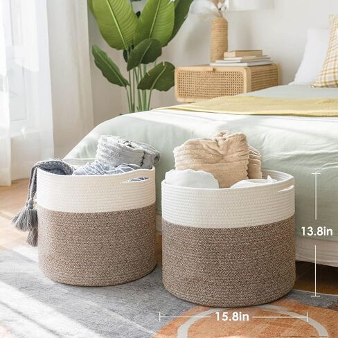 Goodpick 2pack Large Woven Blanket Storage Baskets Round Laundry Basket Toy Organizier Clothes Hamper Shoe Storage Bins Brown in Kuwait