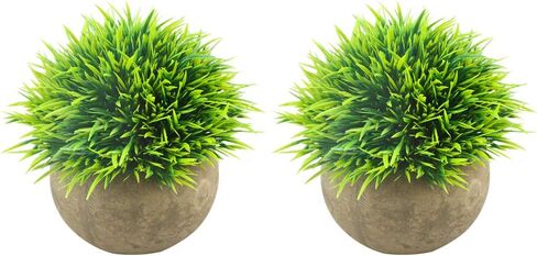 Svenee Mini Artificial Plants, Plastic Fake Green Grass Faux Greenery Topiary Shrubs with Grey Pots for Bathroom Home Office Décor, House Decorations (2) in Kuwait