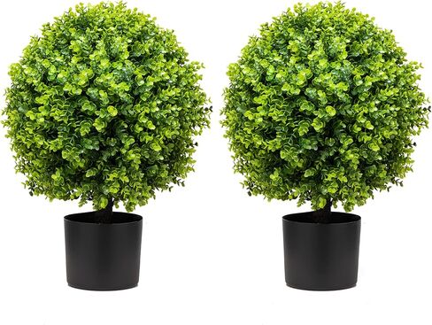 ECOLVANT اثنين من نباتات الأوكالبتوس الاصطناعية توبياري الكرة مقاس 20 بوصة من خشب البقس الاصطناعي المقاوم للأشعة فوق البنفسجية في بوعاء النباتات للشرفة الأمامية والحديقة المنزلية والداخلية والخارجية in Kuwait