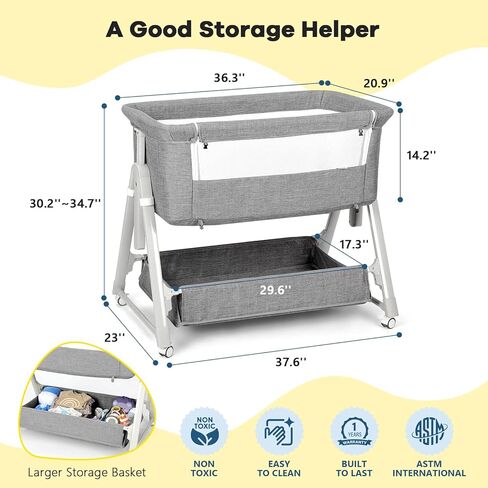 سرير أطفال Cowiewie Bassinet بجانب السرير، سرير أطفال 3 في 1 مزود بمرتبة وعجلات، سرير محمول سهل الطي بجانب السرير للطفل مع حقيبة تخزين وسفر، شبكة مسامية، ثابت وآمن، بيج in Kuwait